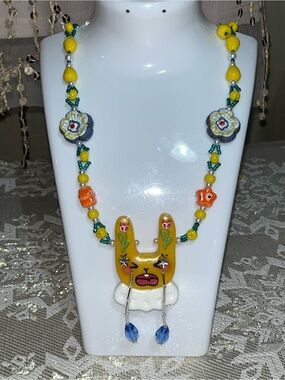 Whimsical Crybaby Yellow Bunny Glass Bead Necklace NEW!